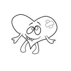 Coloring book with cartoon of funny heart with bandage