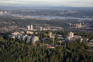 Aerial view of SFU on top of Burnaby Mountain, Vancouver, British Columbia, Canada.
