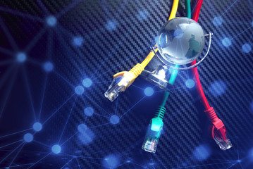 lan wire connect with global world with network background