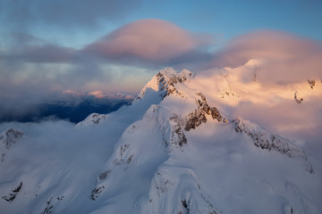 Fototapeta na wymiar Surreal Aerial Landscape View of mountains around Tantalus Range near Squamish, North of Vancouver, British Columbia, Canada.