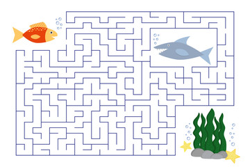 Funny maze for children, the underwater world, a small fish looking for a coral reef, beware of the hungry shark. Labyrinth for preschool and school kids. Vector illustration. - obrazy, fototapety, plakaty
