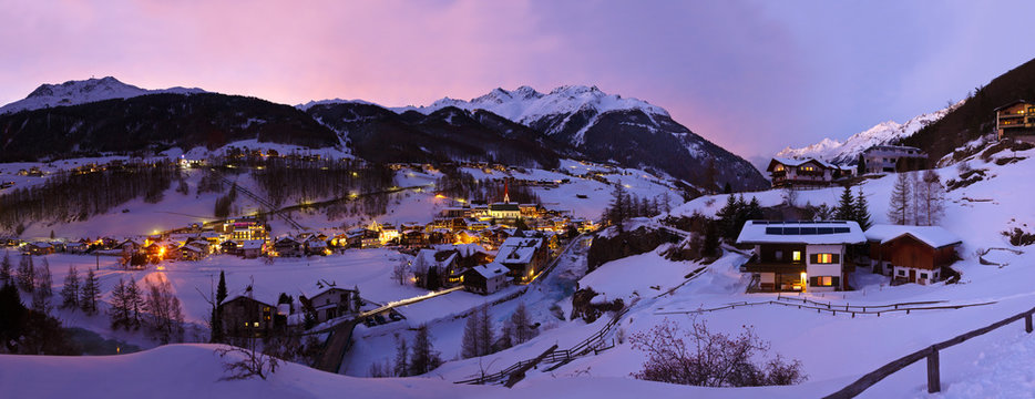 Mountains ski resort Solden Austria at sunset
