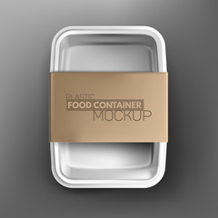Realistic plastic food container mockup (product package). Vector illustration. White container food box with cardboard label - 174535727