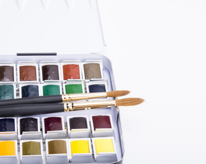 Watercolor paint and brushes on a white background
