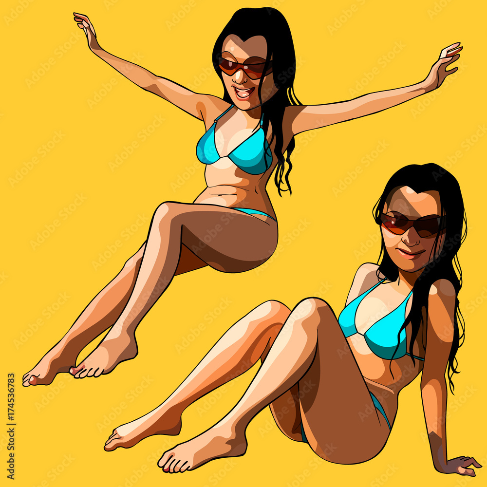 Wall mural cartoon brunette woman in blue swimsuit in different poses