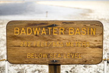 Fototapeta premium 282 feet below sea level sign at Badwater Basin in Death Valley, California. 