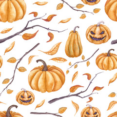 Seamless Pattern of Watercolor Tree Branches and Halloween Pumpkins