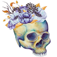 Watercolor Human Skull with Flowers and Leaves