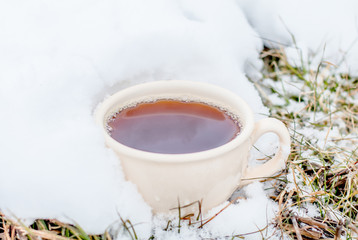 Obraz na płótnie Canvas Nice warm cup of tea or coffee outdoors on the snow on a background of a winter landscape. Cozy winter still life.