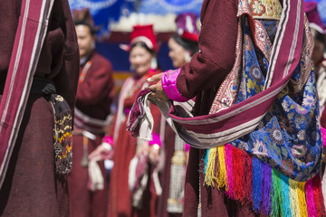 Unidentified artists in Ladakhi costumes at the Ladakh Festival, Leh, India.