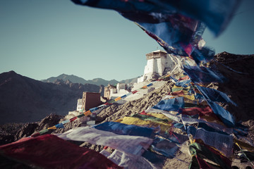 Prayer tibetan flags near the Namgyal Tsemo Monastery in Leh, Ladakh