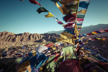Prayer tibetan flags near the Namgyal Tsemo Monastery in Leh, Ladakh