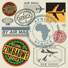 Fototapeta premium Travel and airport stamps or symbols set, Africa