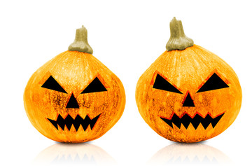 Pumpkins Halloween painted with black. Angry face. Isolated on white background with clipping path.