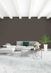 White bedroom or livingroom minimal style interior design with stylish wall and sofa. 3D Rendering. Conept of show room