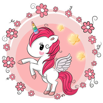 Cute Cartoon Unicorn with flowers
