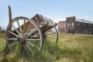 Fototapeta na wymiar Abandoned cart and buildings from the California gold rush