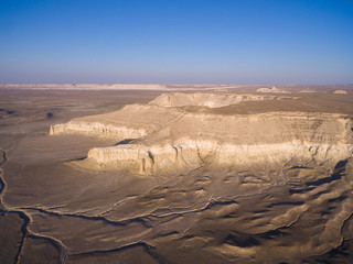 Cliff on the edge of the Ustiurt plateau, Kazakhstan. Aerial view