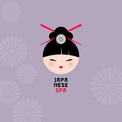 Japanese logo. Japanese spa or Japanese food logo. Kawaii Face with flowers on violet background
