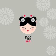 Japanese logo. Japanese spa or Japanese food logo. Kawaii Face with flowers on gray background