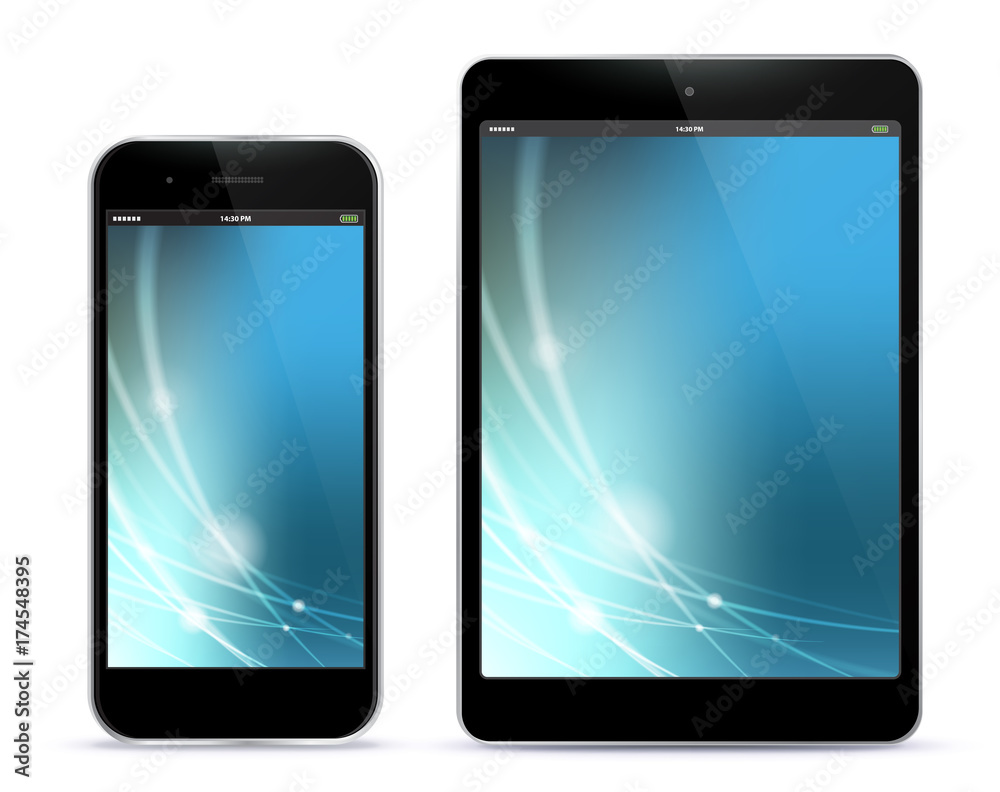 Sticker black mobile phone and tablet computer vector with blue technology screen.