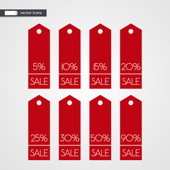 5 10 15 20 25 30 50 90 percent off shopping tag vector icons. Isolated discount symbols. Illustration signs set for sale, advertisement, marketing project, business, retail, wholesale, shop, store