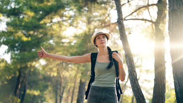 Traveler woman hitchhiking on a sunny forest road. Tourist girl looking for ride to start her journey