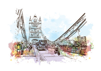 Fototapety  Szkic akwarela Tower Bridge Londyn, Wielka Brytania (Wielka Brytania, Anglia) w ilustracji wektorowych.