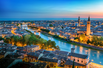 Obraz premium Sunset aerial panorama view of Verona. Italy. Blue hour