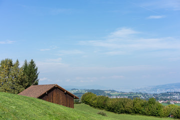 Obraz premium landscape of lake zurich in summer from hiking trail switzerland tourism travel destination nature blue sky