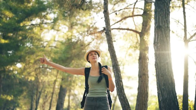 Traveler woman hitchhiking on a sunny forest road. Tourist girl looking for ride to start her journey