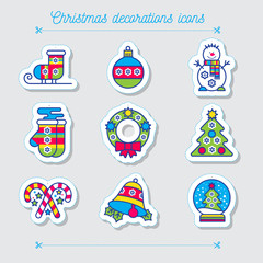 Fototapeta premium Merry Christmas colorful icon set. Snowman, skates, mittens, christmas wreath, christmas boll, bell, snowball, sweets, christmas tree on a green background.