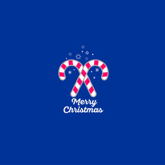 Merry Christmas sweets icon. Two Xmas sweets and snowflakes in the blue background. Candy with red ribbon.