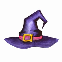 Watercolor Halloween witch hat, isolated on white background