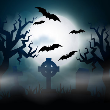 Night cemetery, crosses, tombstones and graves. Colorful scary Halloween illustration. Vector