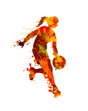 Basketball player. Woman. Splash watercolor paint