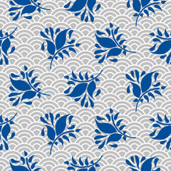 Japanese wave traditional vector seamless pattern in blue and gray line color style. Japan inspired floral design.