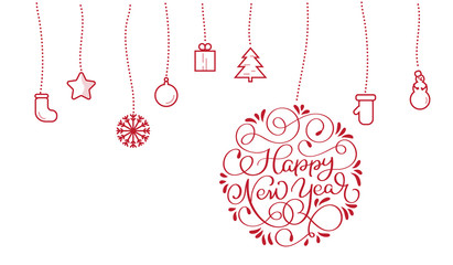 New Year text and stylized flat Christmas toys on white backgroud. Vector illustration EPS10