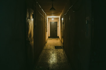 Dark corridor, doors, perspective