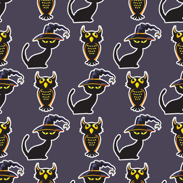 Halloween black cat and owl seamless pattern.