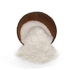 Fototapeta na wymiar Pile of wheat flour in coconut shell isolated on white background