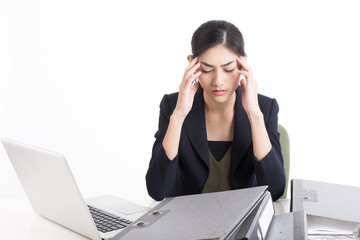 Asian woman working  hard and feeling dizzy at office, woman with office syndrome concept, isolated...