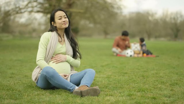  Portrait pregnant lady relaxing in the park with father & son in background