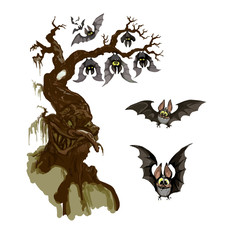 Halloween set with evil tree and bats. Halloween collection.