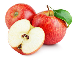 Ripe red apple fruit with apple half and apple leaf isolated on white background. Red apples and leaf with clipping path