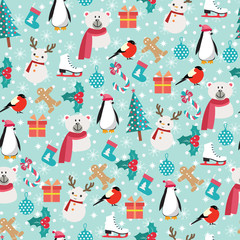 Christmas background with Santa Claus, snowman, bear, penguin