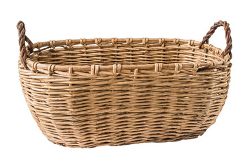 Rustic wicker shopping basket isolated on white background