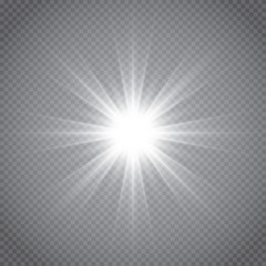 White glowing light burst explosion with transparent. Vector illustration for cool effect decoration with ray sparkles. Bright star. Transparent shine gradient glitter, bright flare. Glare texture.