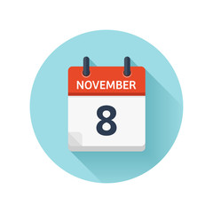 November 8. Vector flat daily calendar icon. Date and time, day, month 2018. Holiday. Season.
