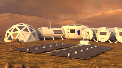 Mars planet satellite station orbit base martian colony space landscape. Elements of this image furnished by NASA.